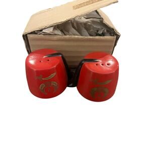 Shriner Masonic Salt Pepper Shakers Set Fez Red Gold Black Tassel Ceramic-NOS